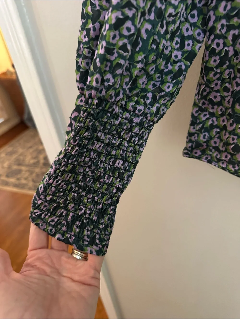 Kate Spade Flair Flora Ruffle Neck Blouse XXS Green Purple EUC
